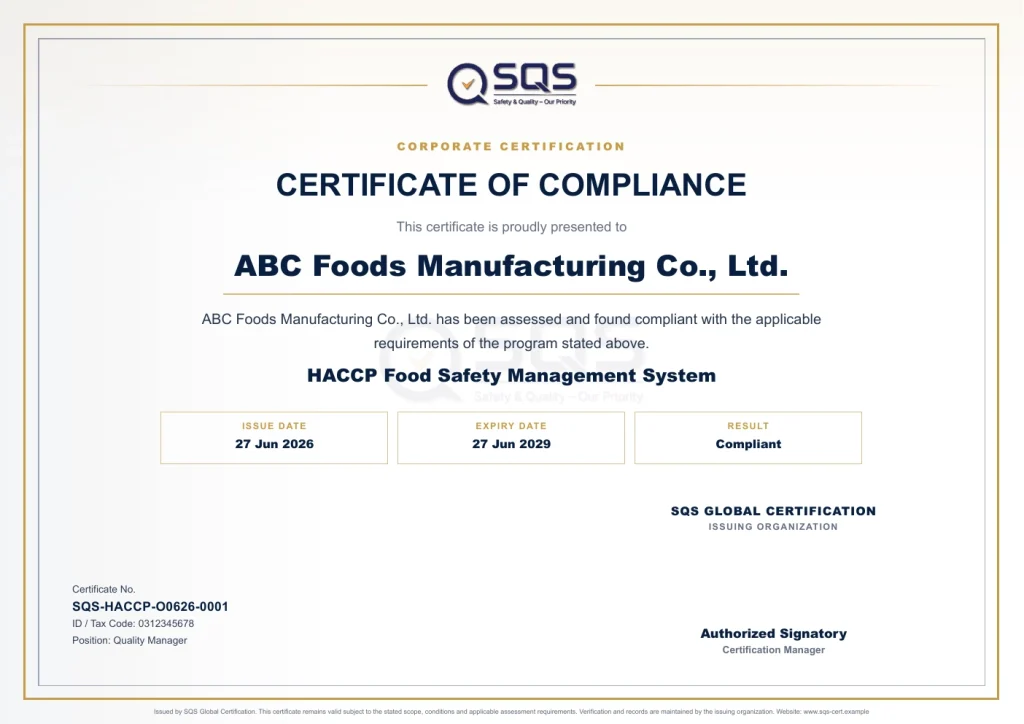 HACCP certificate SQS Global